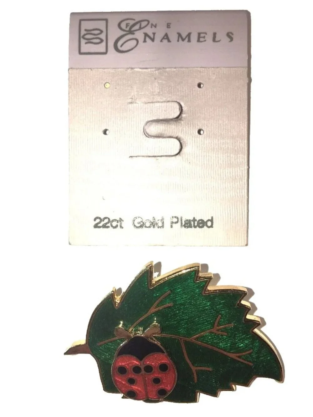 Fine Enamels Red Ladybug On Green Leaf 22k Gold Plated Brooch Pin